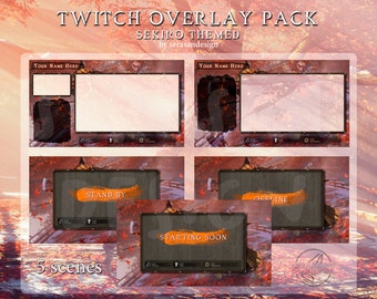May include: A Twitch overlay pack with five scenes themed after the video game Sekiro: Shadows Die Twice. The scenes include a starting soon scene, a stand by scene, and an offline scene. The overlay pack is designed by serasandesign.