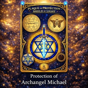 May include: A digital art piece featuring a rectangular plaque with the text "PLAQUE OF PROTECTION - SHIELD OF LIGHT". The plaque has gold accents, blue and gold geometric shapes, and the text "Protection of Archangel Michael".