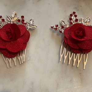 Set Red bridal comb, bridal chiffon flower, wedding hair accessory, red fabric flower roses comb, crystal comb, gold Leaf comb