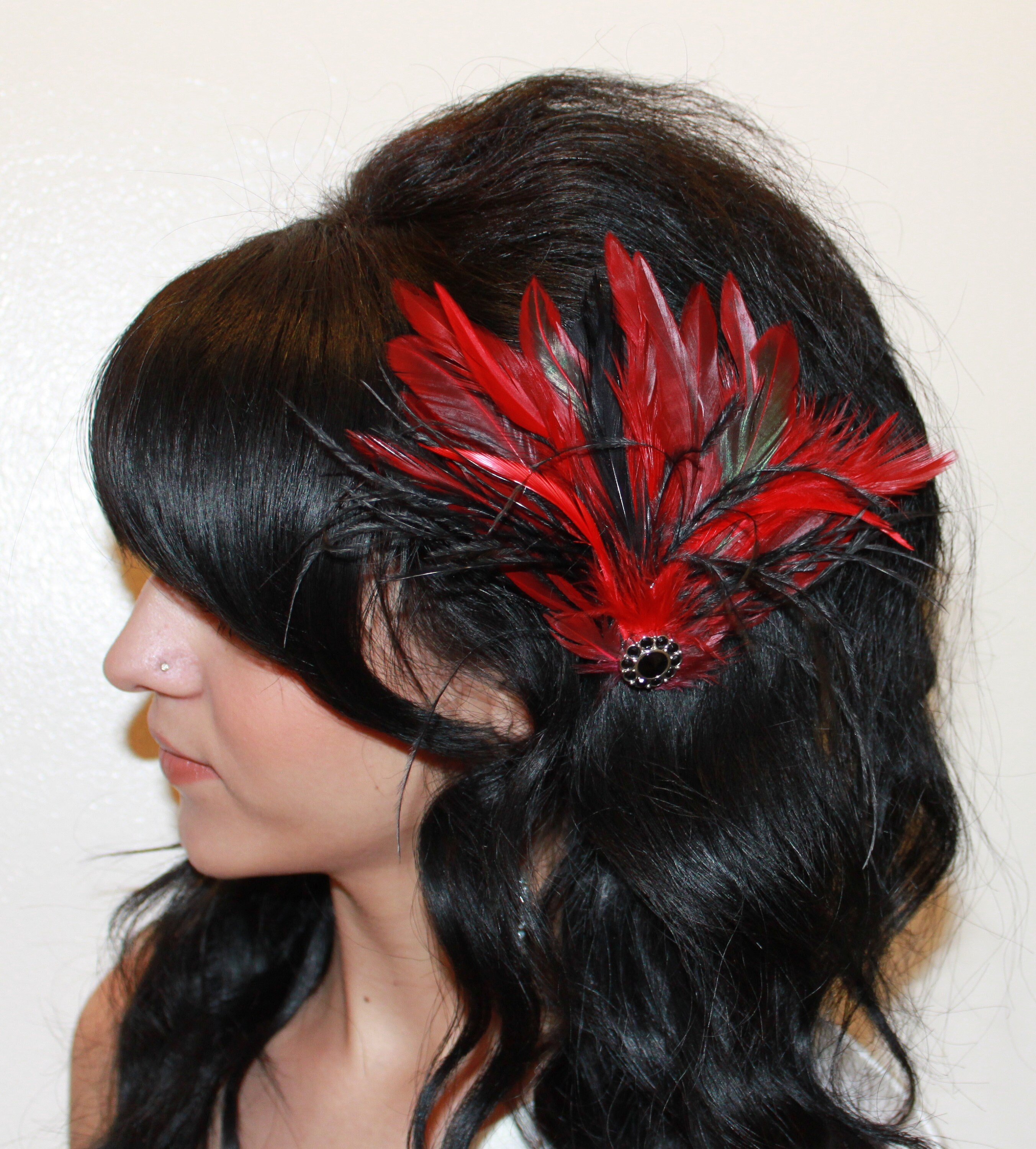 Women Fall Fascinator Feather Clip Red Black Ostrich Bridal  display picture 3