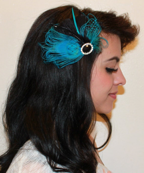 Women Fascinator Feather Clip Turquoise Blue Peacock Black  display picture 3