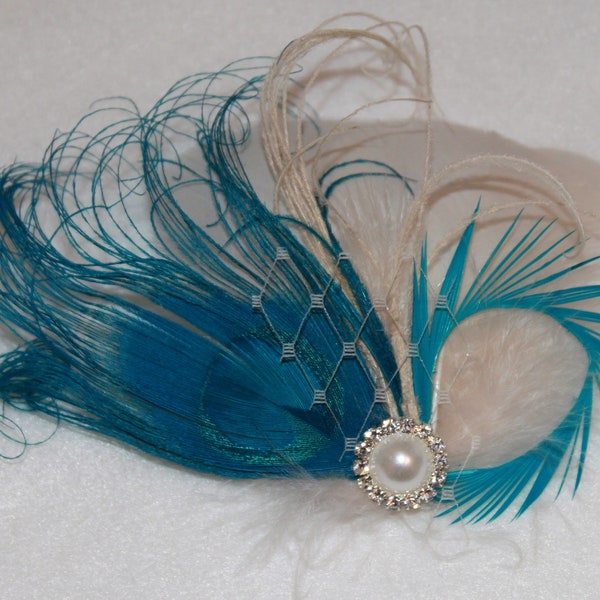 Fascinator feather clip turquoise blue beige peacock bridal photo prop headdress