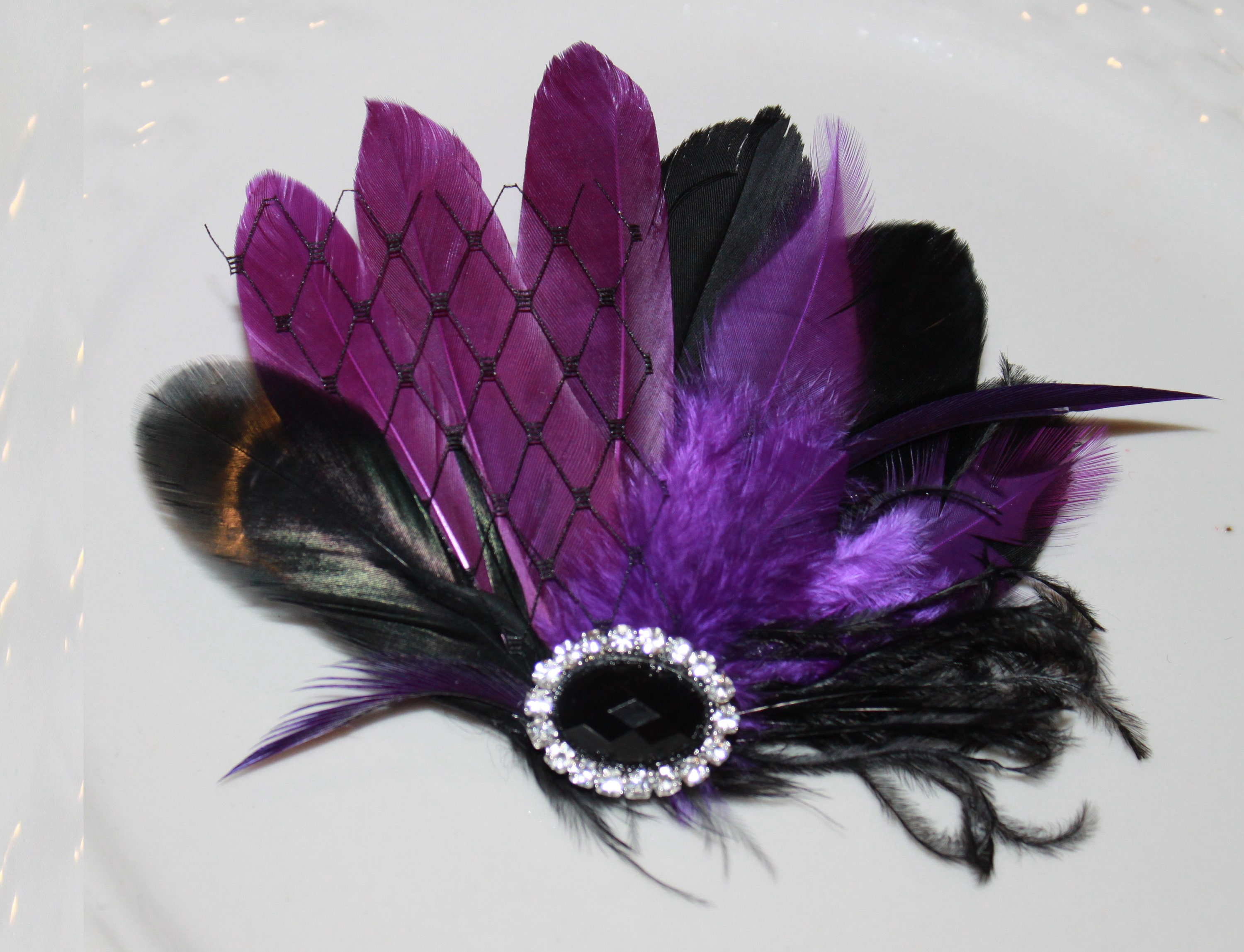 Hand Crafted Purple and Black Feather Hair Clip Copy-Black Ostrich Feather Hat Pin Hair Clip with Purple  main image 3