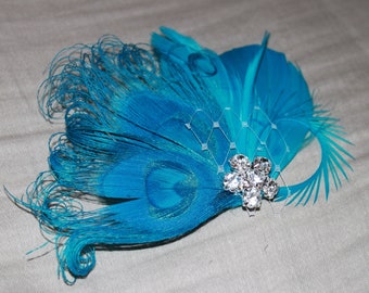 Women Fascinator feather clip turquoise Blue peacock bridal photo prop