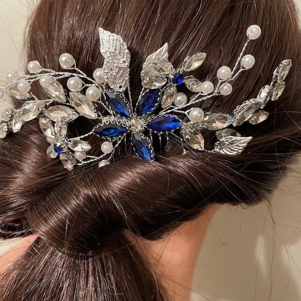 Women bridal photo prop large royal blue flower crystals beads Headdress comb bling metal white pearl silver Leaf rhinestone