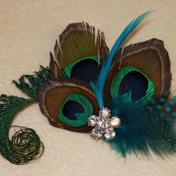 Fall Fascinator feather clip natural peacock sword turquoise guinea bridal photo prop