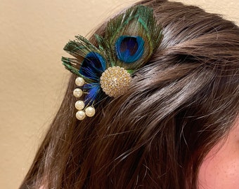 Fascinator feather clip natural peacock gold rhinestone bridal photo prop bling pearl spray