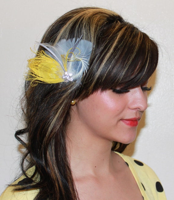Yellow Polka Dot Headband Fascinator Hair Accessory Wedding Hair Accessory Yellow Faux Linen Feather Headband Fascinator main image 4