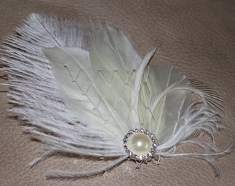 women Fascinator feather clip bridal photo prop ostrich goose ivory off white with pearl rhinestone