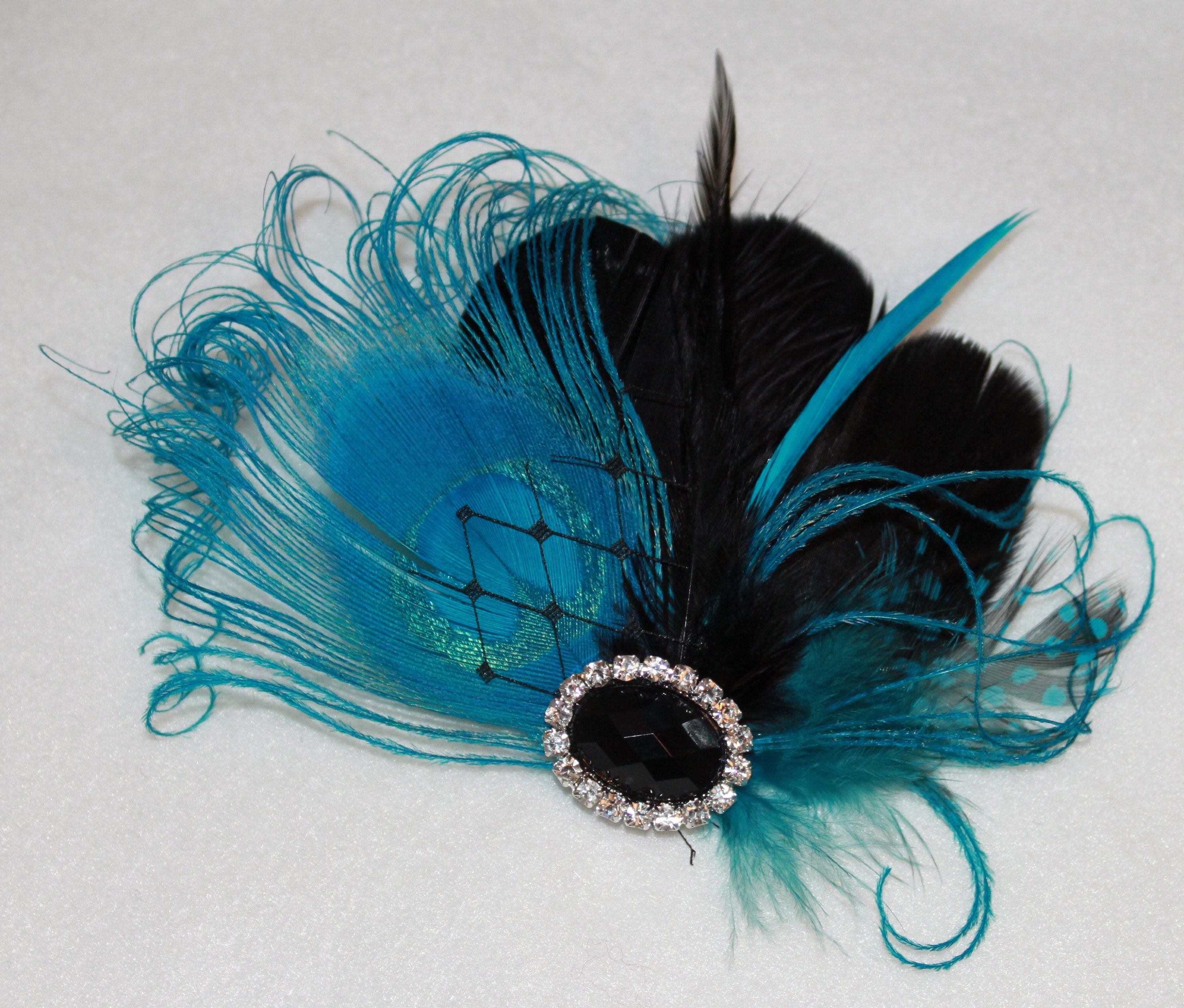 Blue & black Feather Fascinator Hair Clip. Handmade in USA. Turquoise Ostrich Feather Hat Pin Hair Clip with Black  main image 4