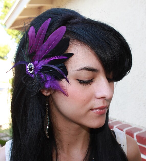 Dark Purple Hair Clip, Bridal Feather Fascinator, Bridal  display picture 1