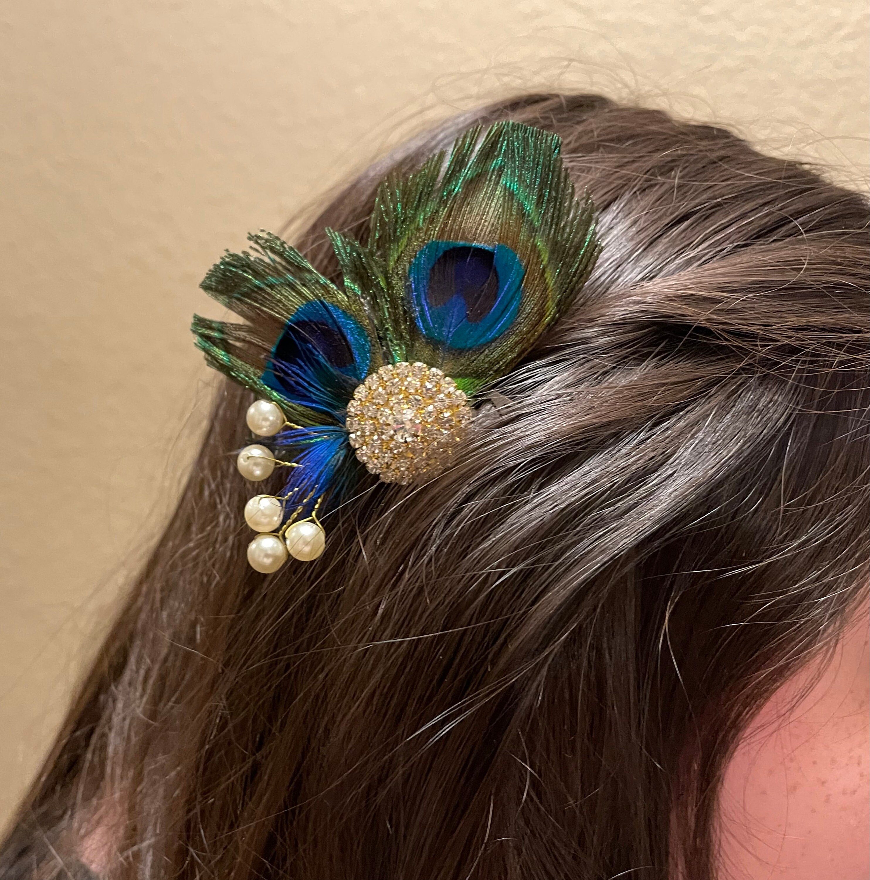 4925 Bridal Feather Hair Clip Peacock Fascinator Crystal Brooch Peacock Feather Hair Clip | Peacock Feather Fascinator  main image 3