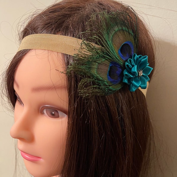 children baby natural peacock feather teal flower headband