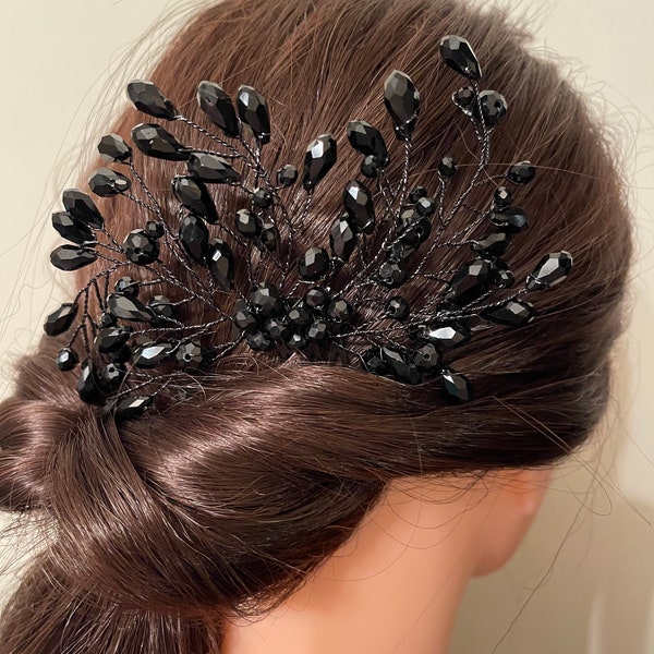 Women bridal photo prop black crystals beads Headdress comb bling metal rhinestone