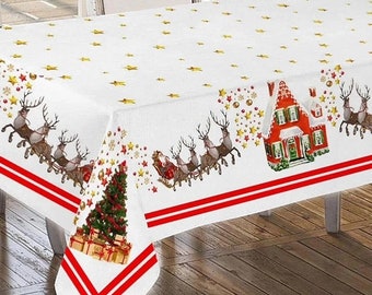 Christmas gift, Santa reindeer, Pine Tree, Santa Claus, Christmas Printed Table Linens, Table Cloth, Gift, 60 Inc x 86 Inc 150 cm x 220 cm