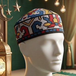 May include: A kufi cap featuring a geometric pattern in red, blue, yellow, and white, displayed on a white mannequin head. The cap has a structured, rounded crown and a flat top, with a repeating intricate design across the entire surface.