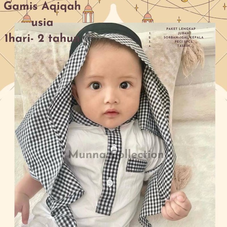 Baby boys abaya full sets for age 0-24 months white Black checkered lis image 7