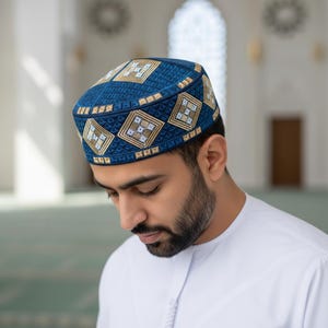 Herr kufi etnisk serie blå serie, Bönehatt, Muslimsk hatt, muslimsk mössa kufiah