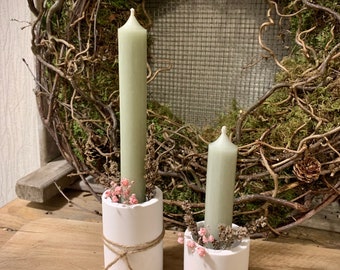 White 2-in-1 candle holders for stick candles and tea lights made of Keraflott - individually or in a set of 2