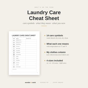 May include: A Laundry Care Cheat Sheet printable document featuring a table with 14 laundry symbols, their meanings, and a column for notes. The text includes 'Laundry Care Cheat Sheet', '14 care symbols', and '4 sizes included: A4, A5, US Letter, Half Letter'.
