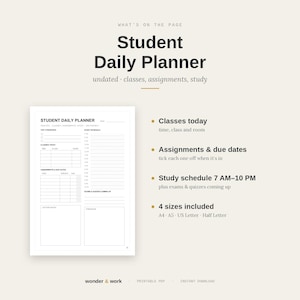 Puede incluir: Un planificador diario para estudiantes en PDF imprimible con secciones para prioridades, horarios de clase, tareas y bloques de estudio de 7 AM a 10 PM. Incluye campos para exámenes y notas, disponible en tamaños A4, A5, US Letter y Half Letter.