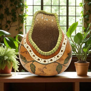 Hand-Carved Decorative Gourd Bowl with Leaves and Berries