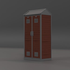 May include: A tall, wooden storage cabinet with two doors and a metal roof. The cabinet has a brown wood finish and a grey metal frame.