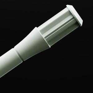 May include: A white, segmented, cylindrical object with a rectangular head. The head has a series of parallel lines. The object is set against a black background. The design is modern and minimalist.