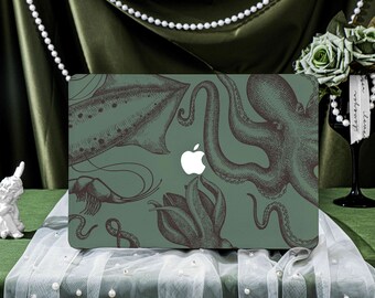 Dark Green Octopus MacBook Case for New MacBook Air 15 A2941, 14.2" A2918/A2992, 16.2" A2991, Personalized Name, Air 13 Inch Laptop Case