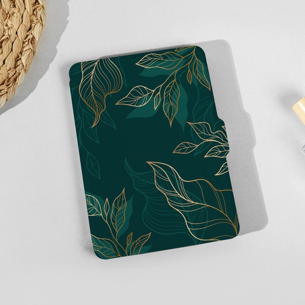 Gilt Green Leaves All new Kindle 6" 2022 Case, Personnalisation Kindle Case, Paperwhite 2021, 2022 Cover, Kindle 8th 10th 11th Gen Case
