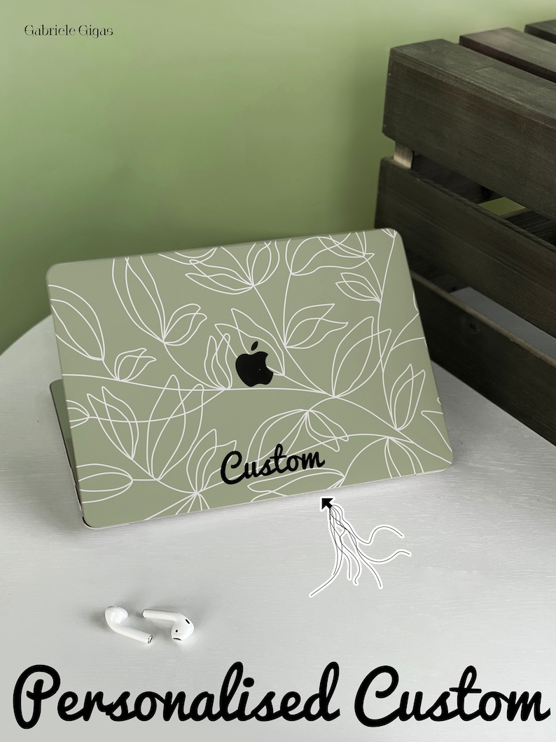 Light Matcha Flower Line Apple MacBook Case, Personalized Name, Text, Suitable for Pro 14 15 16, Air 13 Inch Laptop Case,Holiday Gift Bild 2