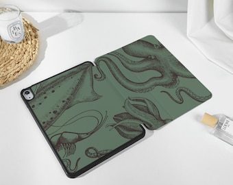 Personalised Custom Name Retro Green Octopus iPad Smart Case Cover iPad Pro 12.9, Pro 11, 10.9, 10.5 10.2 iPad Air 4 iPad 9 Case iPad Mini 6