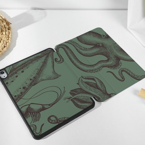 Nom personnalisé rétro Green Octopus iPad Smart Case Cover iPad Pro 12.9, Pro 11, 10.9, 10.5 10.2 iPad Air 4 iPad 9 Case iPad Mini 6