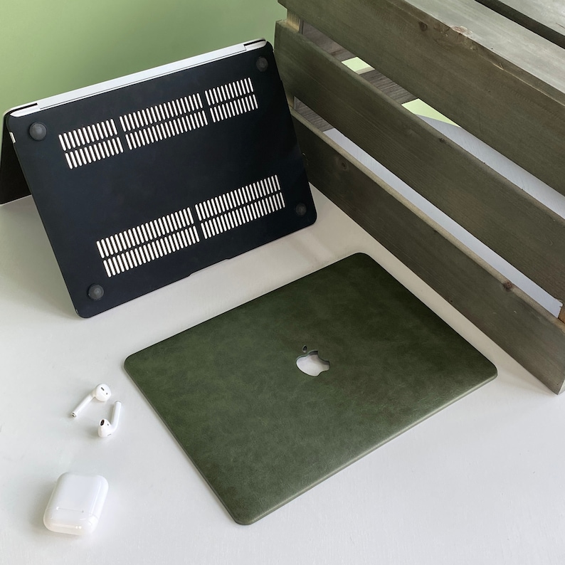 Étui pour ordinateur portable en cuir vert armée Étui en cuir végétalien MacBook Pro 13 Pro 15 Pro 16 A2485 Housse pour ordinateur portable 2021 Pro 14 A2442 Air13 M2-A2681 image 3