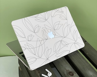 Étui Apple Macbook White Black Flower Line, nom personnalisé, texte, adapté pour Pro 14 15 16, étui pour ordinateur portable Air 13 pouces, cadeau de vacances