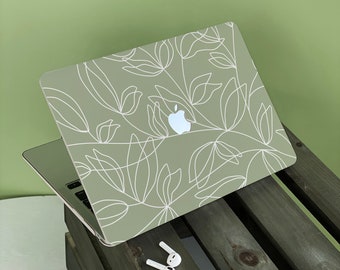 Light Matcha Flower Line Apple Macbook Case, Nom personnalisé, Texte, Convient pour Pro 14 15 16, Air 13 Inch Laptop Case, Cadeau de vacances