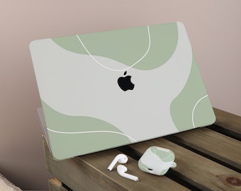 Groene abstracte kunst Apple MacBook Case, gepersonaliseerde naam, tekst, geschikt voor Pro 14 15 16, Air 13 Inch laptoptas, vakantiecadeau