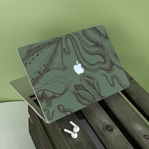 Retro Green Octopus Apple Macbook Case, Personalized Name, Text, Suitable for Pro 14 15 16, Air 13 Inch Laptop Case,Holiday Gift, M2-A2681