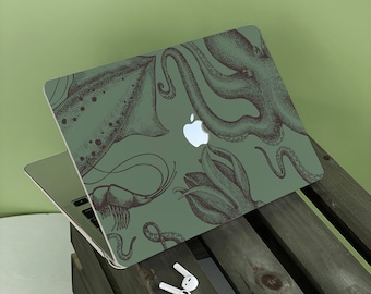 Retro groene Octopus Apple Macbook Case, gepersonaliseerde naam, tekst, geschikt voor Pro 14 15 16, Air 13 Inch laptoptas, vakantiecadeau, M2-A2681