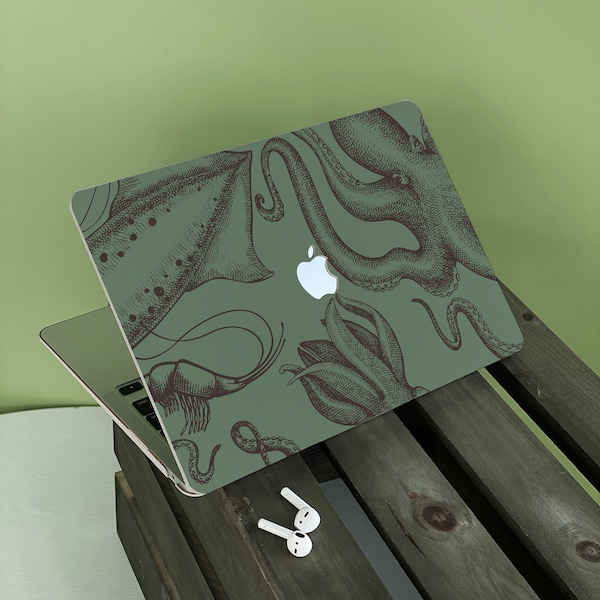 Retro Green Octopus Apple Macbook Case, Nombre personalizado, Texto, Adecuado para Pro 14 15 16, Air 13 pulgadas Laptop Case, Regalo de vacaciones, M2-A2681