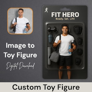 May include: A digital download of a custom toy figure. The figure is a man wearing a white t-shirt, black shorts, and a black bag. He is holding a water bottle in his right hand. The figure is surrounded by various fitness accessories, including a dumbbell, a yoga mat, and a shaker bottle. The text "FIT HERO Ready. Set. Lift!" is printed on the top of the image.