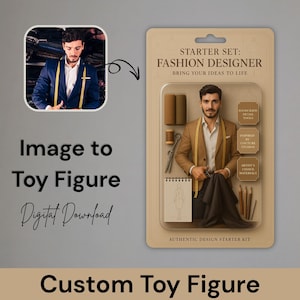 May include: A starter set for fashion designers, featuring a custom toy figure of a person sewing, along with tools and materials. The box has the text "Starter Set: Fashion Designer, Bring Your Ideas To Life".