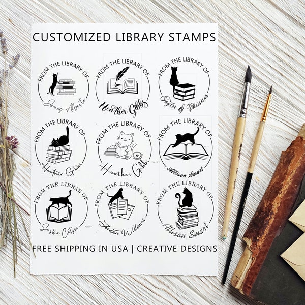 From The Library Of Stamp, Book Stamp, Cat Library Stamp, Book Lover Gift, Custom Library Stamp, Custom Teacher Stamp, Cat Book Stamp Gift