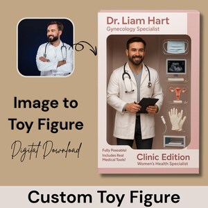 May include: A digital download of a custom toy figure of a doctor in a white coat holding a clipboard. The figure is fully poseable and includes real medical tools. The box features the text "Dr. Liam Hart Gynecology Specialist" and "Clinic Edition Women's Health Specialist".