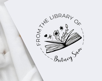 Personal Book Ownership Stamp, From The Library Of Personalized Name Stamp for Books With Book Floral Design Self Ink or Wood Handle Stamp