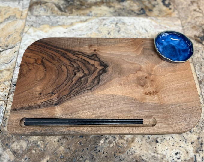 Handmade Wood Sushi Board with Chopsticks & Ceramic Bowl - Personalized