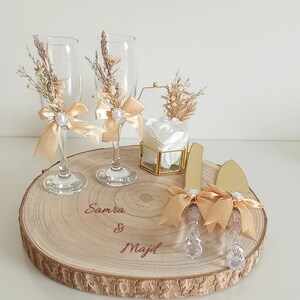 Wedding flutes and cake server sets, engraved holding tray, ring box