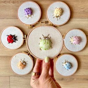Puede incluir: Siete piezas de arte de bordado en aro que presentan diferentes colores y patrones de mariquitas. Las mariquitas están todas en diferentes poses y tienen detalles dorados. Los aros son todos de madera y tienen un acabado natural.