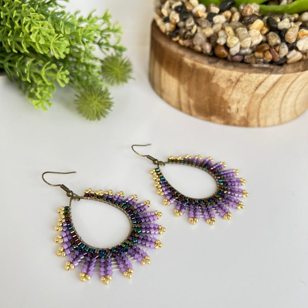 Purple beads miyuki earring , purple brons fringe beads earring