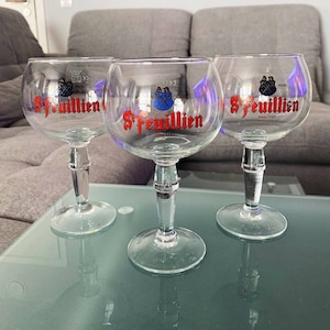 SET 3psc Feuillien Beer Glass, Kitchen Beer Art, Collectible Belgium Vintage Stemmed Beer Glass, Barware Glass, European Barware Glass